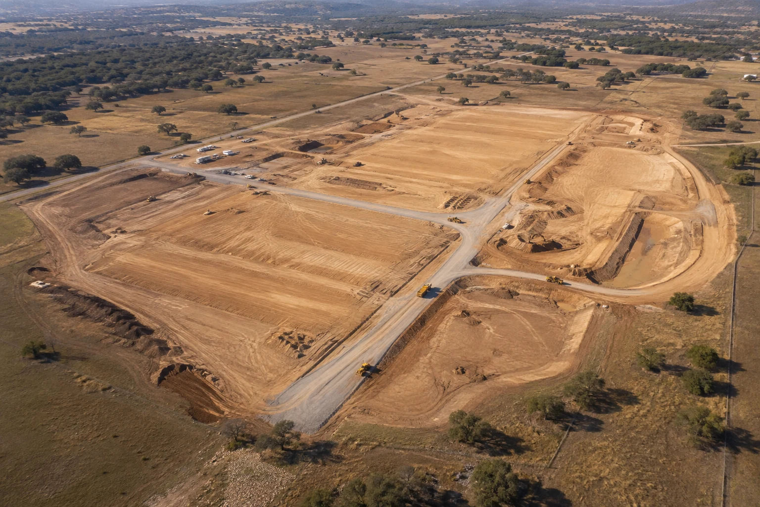 AI-generated aerial visualization of early Texas site development, with graded earth, access roads, drainage works and construction equipment